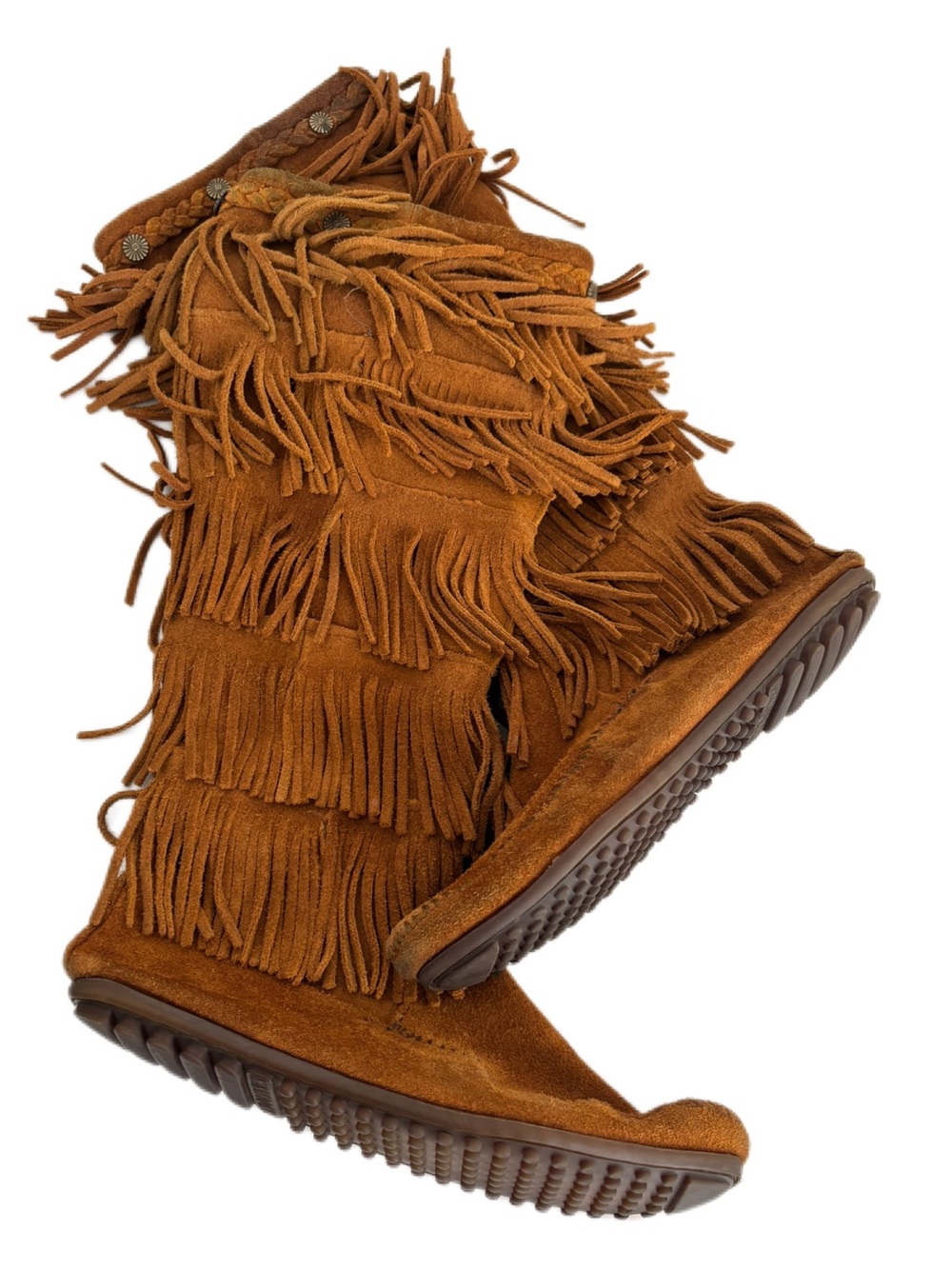 Minnetonka Brown Suede 5-Tier Layer Fringe Concho Tall Moccasin Boots